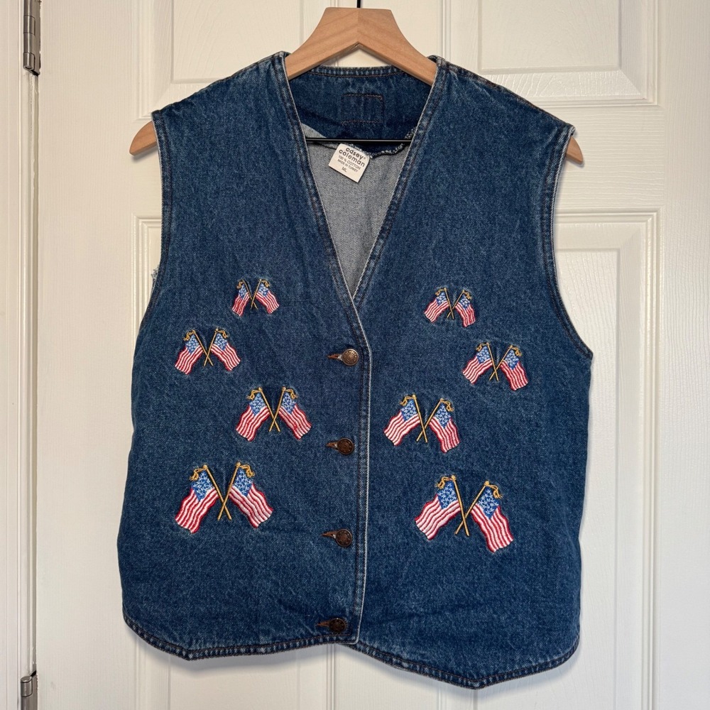 VTG Casey Coleman Denim Vest American Flag Embroidered‎ Americana Patriotic USA